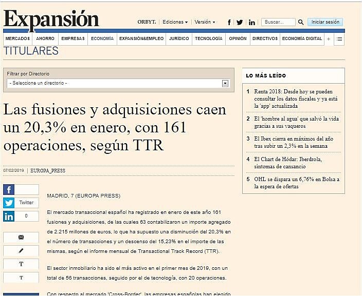 Las fusiones y adquisiciones caen un 20,3% en enero, con 161 operaciones, segn TTR